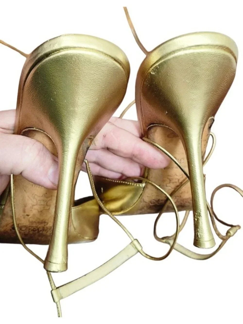 Jimmy Choo Gold Metallic Leather Lace Up Ankle Wrap Heels EU 39 US 8.5 Italy